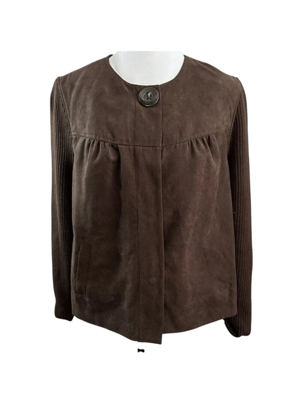 Studio Works Woman Brown Suede-Like Jacket Knit Sleeves Button Detail Size 16W